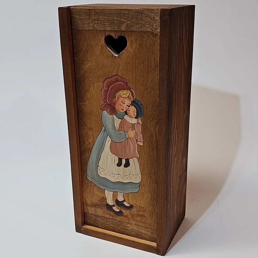 Beautiful Vintage Handpainted Prairie Girl+Doll Wooden Keepsake Box, Sliding Lid
